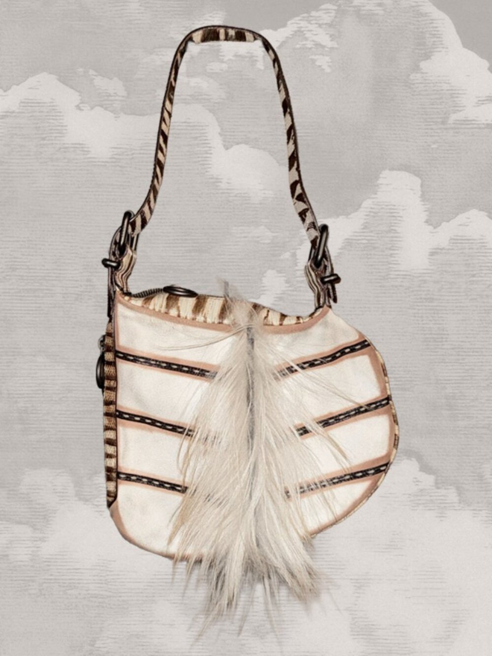 FENDI Oyster Runway Bag Pony hair 2002 Suede Fur Exotic Lizard Cream Brown y2k